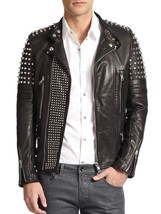 Handmade Men&#39;s Studded Leather Jacket Silver Studded Biker Front Sleeves Zipper - £143.87 GBP