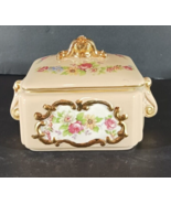 Vintage Porcelain Trinket Box Covered Dish with Lid Peach Floral Rare - $24.69