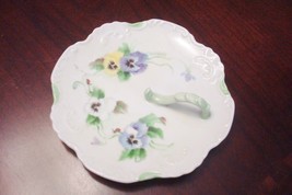 German Unmarked SIGNED pin dish PANSIES flowers 6&quot; with finger handle [84B] - $34.65