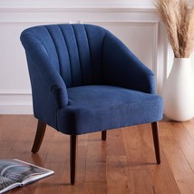 SAFAVIEH Home Collection Quenton Navy/Walnut Channel Tufted Accent Chair - £311.38 GBP