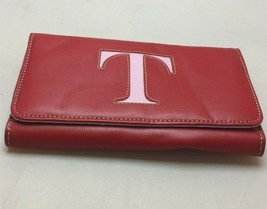 Letter T Monogram Womens Red Pink Faux Leather Trifold Wallet Clutch ID Holder - £31.96 GBP