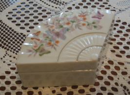  Avon-Porcelain Trinket Box w/Lid-Fan Shape-Butterflies &amp; Flowers-1980 - £7.81 GBP