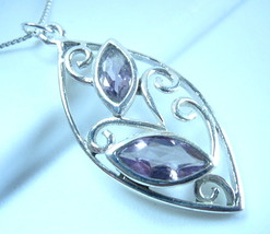 Faceted Amethyst Necklace 925 Sterling Silver Floral Style Double Gem Gemstone - £14.14 GBP
