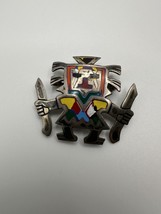 Vintage Mayan Incan Mexico Sterling Silver Enamel Warrior Brooch 4cm BB7 - $48.98