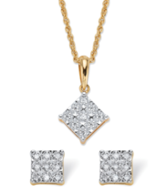 Diamond Squared Cluster Stud Earrings Necklace Gp Set 18K Gold Sterling Silver - $549.99
