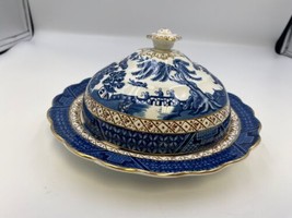Booths REAL OLD WILLOW gold trim Rare Round Covered Butter Dish Made in ... - $299.99