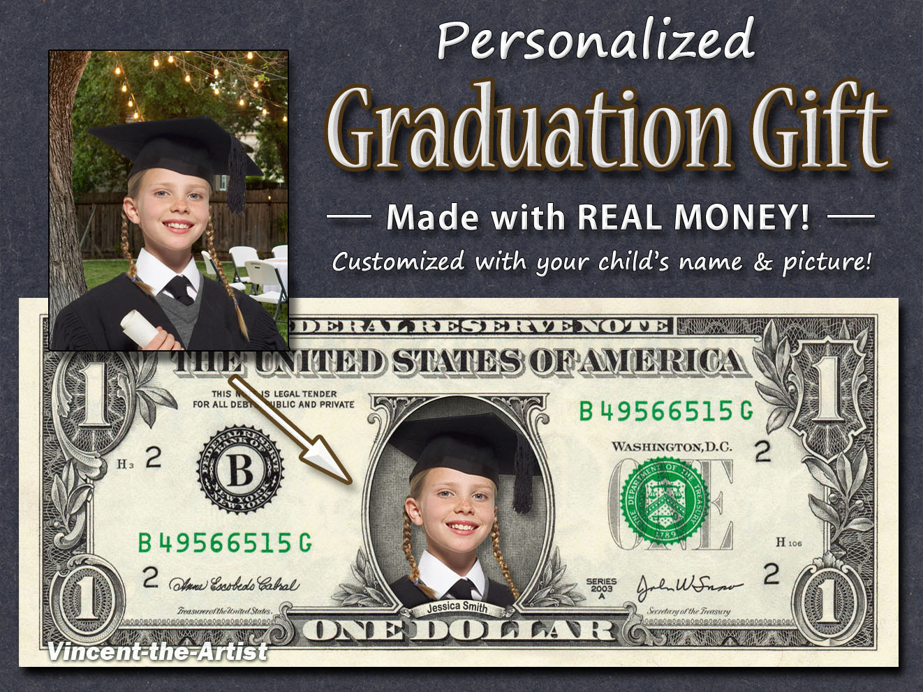 Graduation MONEY Gift w/your Picture & Name! Made with Real $1.00 Bill Cash - £7.95 GBP