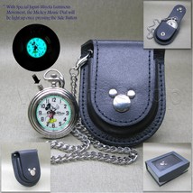 Vintage Mickey Mouse Pocket Watch with Luminous Dial Chain Real Leather Pouch 60 - £55.94 GBP