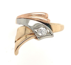 Retro 14k Tri-Colored Gold Ring with Round Genuine Natural Diamond (#J6626) - £444.05 GBP