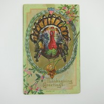Thanksgiving Postcard Wild Turkey Gold Crown Garland Wreath Embossed Antique - £7.85 GBP