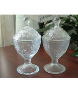 Vintage footed sandwich glass candy dishes with lids etched design set o... - $42.52