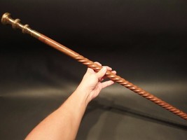 Vintage Antique Style Brass Wood Victorian Walking Stick Cane Spiral Carved 37&quot; - £24.97 GBP