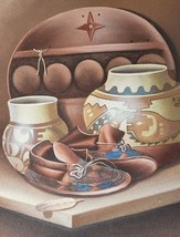Signed Myung Mario Jung Native Pueblo Indian Still Life Pottery Sand Painting - £389.37 GBP
