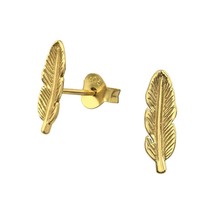 Feather Stud Earrings 925 Sterling Silver Gold Plated - £11.68 GBP
