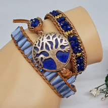 Tree of Life Lapis Lazuli Blue Crystal Glass Beaded Beige Leather Wrap Bracelet - $16.95