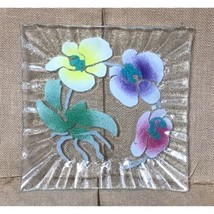 Spring Flowers Square Fused Glass Plate Crimped Edge Floral - £19.71 GBP