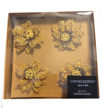 Cynthia Rowley Sunflower Beaded Napkin Rings Set of 4 Yellow Gold Thanks... - $43.98