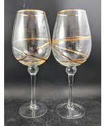 Two Stemmed Wine Glasses Romanian Blown Glass, Gold Ribbon &amp; Rim,  11&quot; T... - $59.00