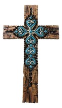 Rustic Southwestern Faux Wooden Turquoise Fleur De Lis Scrollwork Wall Cross - $27.99