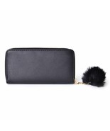 Black Vegan Leather Zipper Wallet with Key Chain Pom Pom (7.5x1x4&quot;) New!... - $8.10