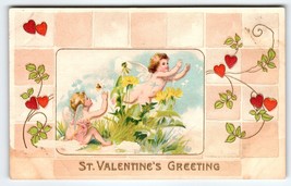 Valentine Postcard Cherubs Angels In Garden Bumble Bee Antique Vintage Ser 301 A - £5.56 GBP