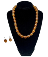 Vintage Iridescent Oval Amber Glass Beaded Necklace and Pierced Wire Ear... - $38.96 CAD