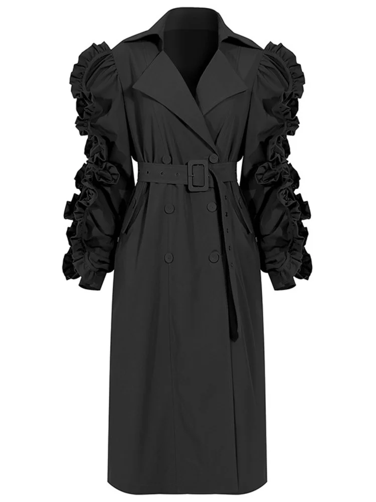 IEQJ Exaggerated Ruffle Ee Trench Coat Female   New Double Breasted Long... - $449.01