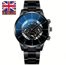 mens quartz watch black stainless steel business luxury analogue blue dial black - £7.90 GBP