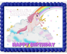 Unicorn &amp; Rainbows Edible Image Edible Happy Birthday Cake Topper Sticker Decal - £11.33 GBP+