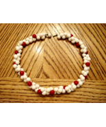 RED &amp; WHITE Necklace CHUNKY CHOKER Off Set Center Beads 16&quot; Beaded RETRO... - €17,03 EUR