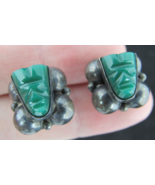 Vtg Signed FMB Mexico Sterling Green Onyx Warrior Mask Screw Back Earrings - $36.77