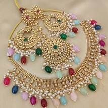 Gold Plated Indian CZ Bollywood Style Kundan Multicolor Necklace Jewelry Set - £66.83 GBP