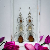 Fashion Dangle Earrings Faux Amber Color Multi silver tone Hoops - $9.97