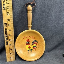 Vintage Mid Century Wooden Hanging  Handled Snacks Bowl Roosters Japan - $8.91