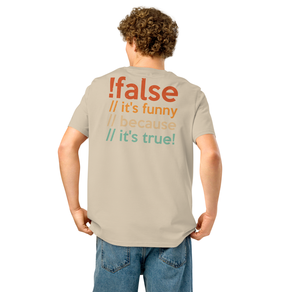 Unisex Organic Ribbed Neck T-Shirt – False It’s Funny Back Print (Desert Dust) Item image 9