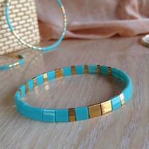 Blue turquoise tila miyuki beaded bracelet gold flat,tile bracelet for woman,til - £16.36 GBP