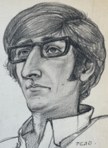 1970 Pencil Charcoal Portrait Mid Century Man Black Framed Glasses Ginoza Estate - £66.48 GBP