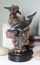Marine 2 Black Dolphins Swimming by Coral Reef Electroplated Bronze Figu... - $102.99