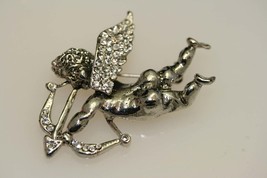 Rhinestone Antique Silver Angel Brooch.  Cupid Arrow Brooch Vintage Angel Pin - £15.90 GBP