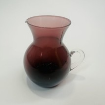 Vintage Hand Blown Art Glass Amethyst Pitcher Applied Clear Handle 4.5&quot; ... - £13.57 GBP