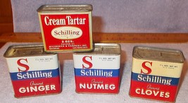 Antique Vintage Schilling Spices Tins Lot of 4 Cloves Ginger Nutmeg Cream Tartar - £20.00 GBP