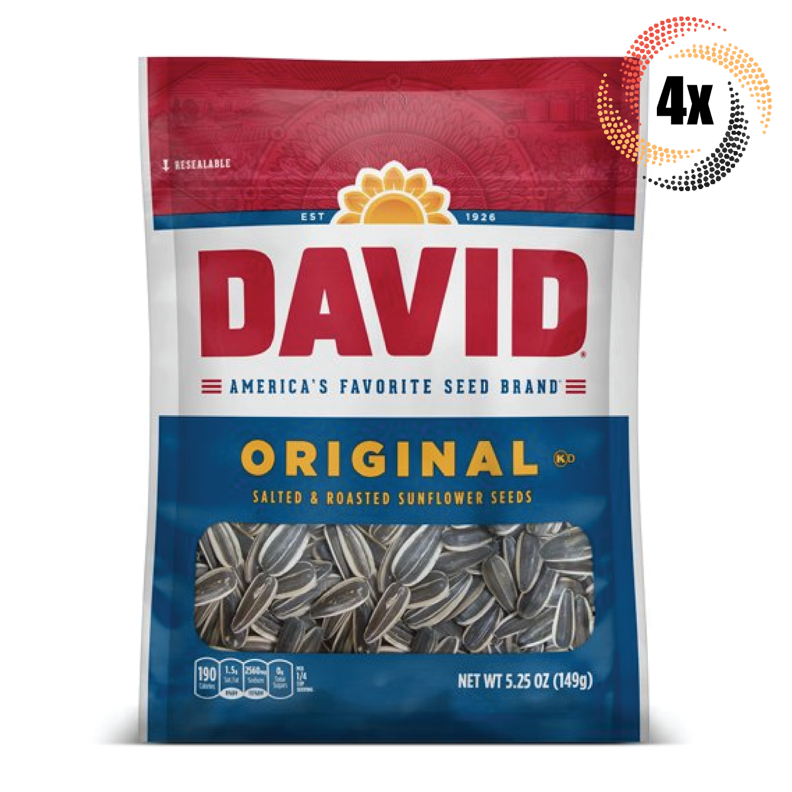 4x David Original Flavor Sunflower Seed Bags 5.25oz Salted & Roasted! - £15.76 GBP