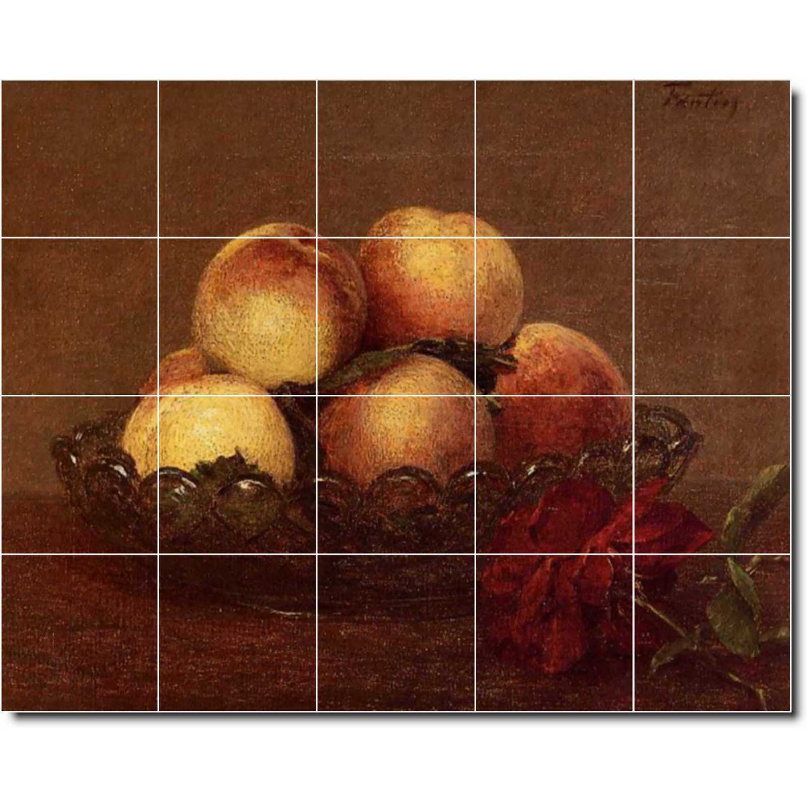 Our henri nature morte peches dans une coupe de verre une rose fonces avec des feuilles a droite