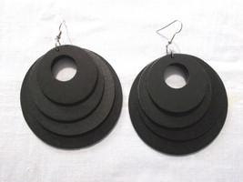 Black 4 Layer Stained Wooden Round Shape Bohemian Large Fashion Earrings - £5.58 GBP
