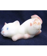 Fenton Painted Satin Glass Crouching Cat Kitten Signed - £35.33 GBP