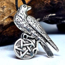 Raven Pentacle Pendant Necklace Beaded Cord Pagan Wiccan Pewter Crow Jew... - $7.63