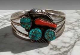 Native American Triple Turquoise And Coral Sterling Silver Rail Bracelet - £205.09 GBP