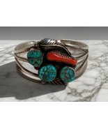 Native American Triple Turquoise And Coral Sterling Silver Rail Bracelet - £201.49 GBP