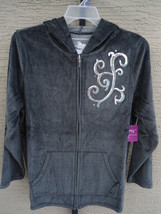  JUST MY SIZE 1X  VELOUR  HOODED ZIP FRONT JACKET WITH SEQUINS STEEL 1X - $10.88