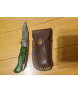 JW Steel Crafts Damascus Pocket Knife Green &amp; Dark Wood Handle - $125.12 CAD